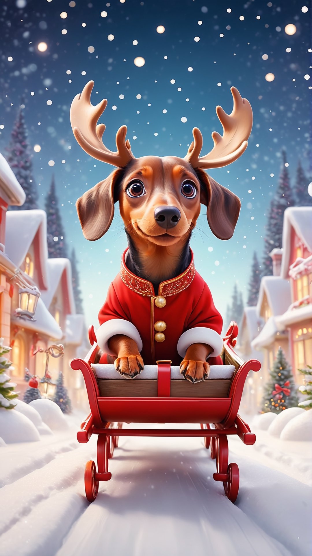 Pixar movie scene style, Cute dachshund dressed in Santa costume, riding a sleigh pulled by Deers and filled with Xmas presents, flying across a white bright snow field, flowers bloom and lighting bokeh background