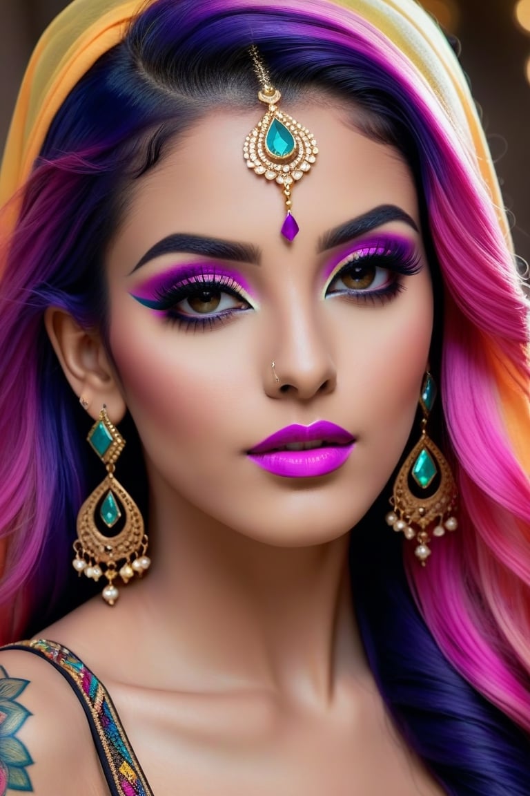 Photorealistic, Photo of Arabian woman, colorful hair, huge eyelashes, huge bold eyelines, neon bold eyeshadows, high quality, colorful tattoos, huge earrings,photorealistic, 18k