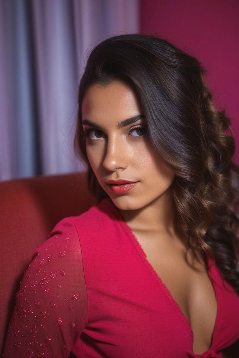 Photographer's photograph 1.4), (Retrato de cuerpo entero: 1.4), 24-year-old latina woman, sitting on a red sofa, Trasero redondo, piernas separadas, Foto de retrato RAW uhd, pecho natural grande_b, room background , (pink lingerie), (grieta), Detallado (textura!, cabello!, brillar, Color!!, Defectos: 1.1), Ojos brillantes muy detallados, (Looking at camera), luz especular, DSLR, Calidad extrema, foco nítido, afilado, DOF, Film grain, (centrado), Fujifilm XT3, Cristalina, Centro del marco, cara linda, foco nítido, Bokeh, (luz oscura), discreto, Noche, (cielo nocturno ) poros detallados de la piel, Detalles oculares complejos