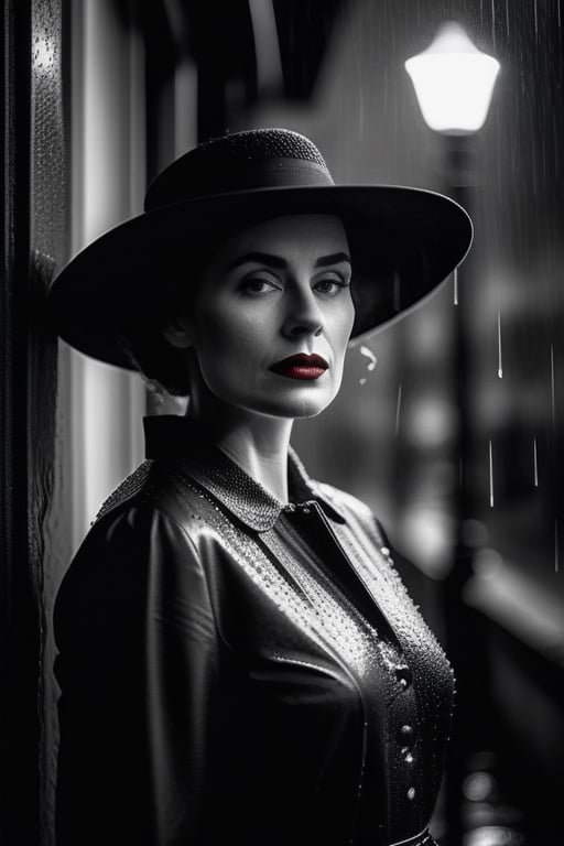 A hauntingly beautiful,((black and white)),portrait,film noir-inspired photograph of a mysterious,beautiful woman,standing in front of a dimly lit,rain-soaked alleyway. BREAK
She's wearing a tight (red) dress,lipstick and long gloves,her features obscured by a striking,wide-brimmed hat,casting eerie shadows across her face. The rain drops on the windowpane behind her blur the scene slightly,adding to the moody,atmospheric feel of the image.,
high contrast,cinematic lighting,8k,RAW photo,highest quality,,