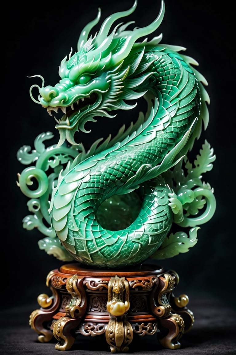 Chinese dragon, full body, meticulously engraved on a jade egg, standing on an ornate wooden pedestal, jade translucence glowing in soft backlight, dragon scales reflecting light with precise detail, contrasting textures of smooth jade and intricate carving, 8k resolution, ultra fine detail.