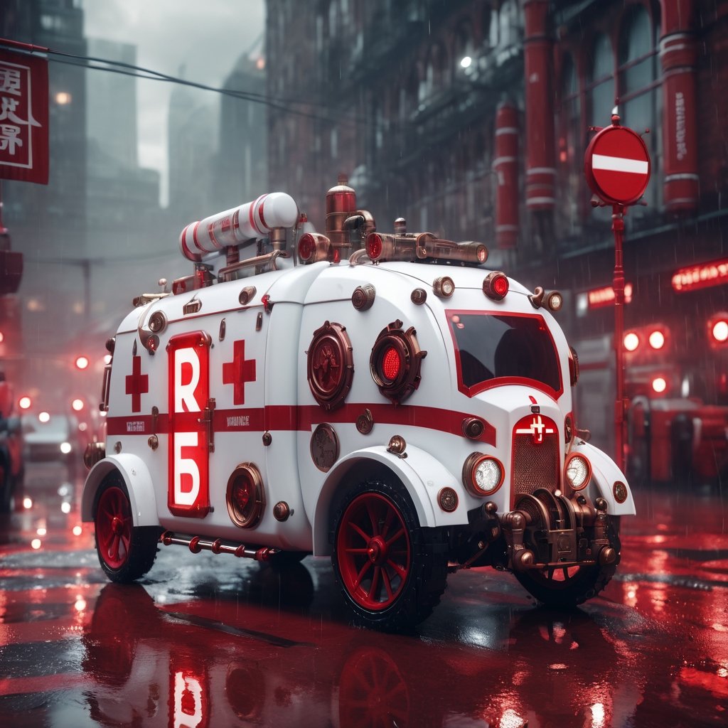 A Steampunk ambulance, white, red cross, pipes and details,  (("AMBULANCE" red signal on top)), Cyberpunk city, rain, nigth, photorealistic, UHD, cinematic lighting, steampunk style