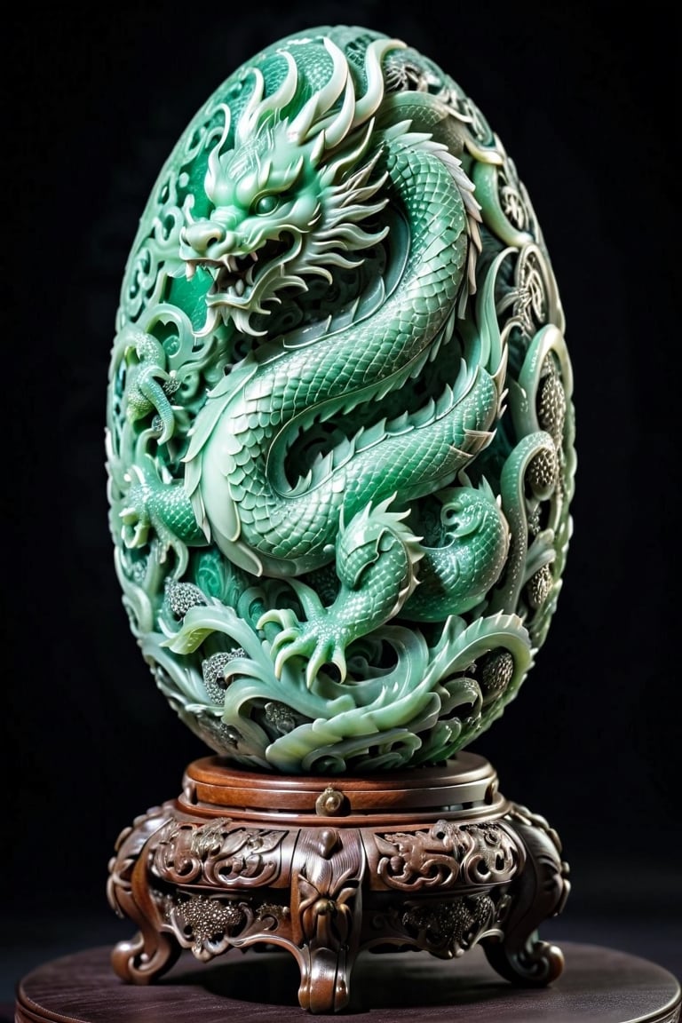 Chinese dragon, full body, meticulously engraved on a jade egg, standing on an ornate wooden pedestal, jade translucence glowing in soft backlight, dragon scales reflecting light with precise detail, contrasting textures of smooth jade and intricate carving, 8k resolution, ultra fine detail.