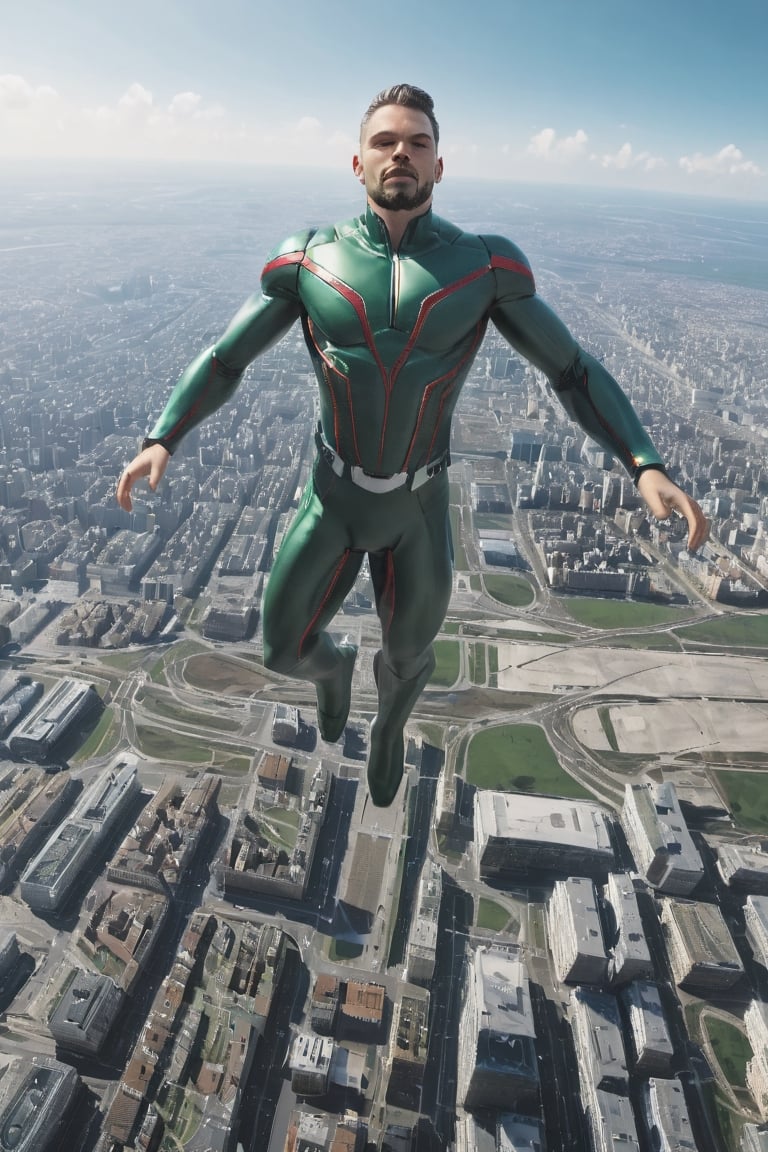 Airon man is flying on a city 