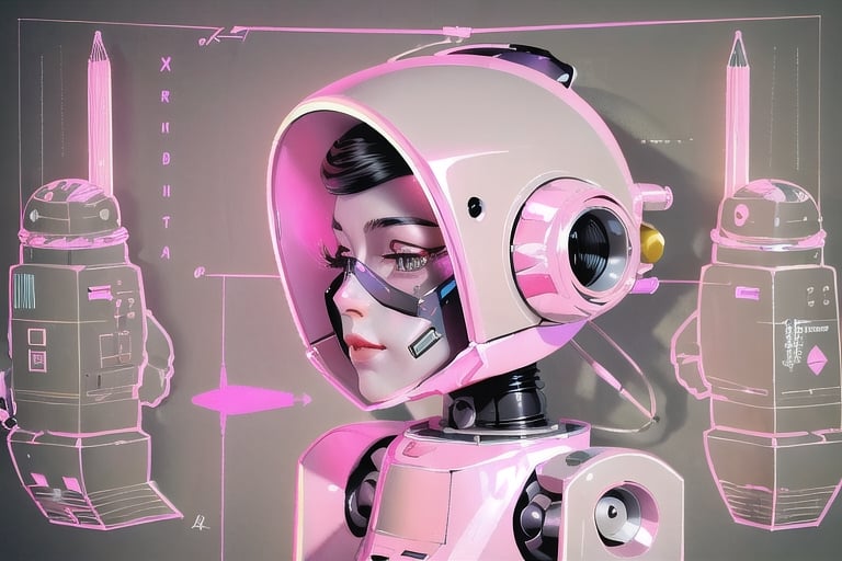 A (((technical drawing))) representing a ((vintage pink synthesizer robot)) with intricate gears and mechanical details,  in a style classic scientific illustrations style,xerox punk, head and various parts of a woman's face made out of black wax, done in the style of renowned realist artist Don Maitz, with highly detailed  wintermute cars photographed elegantly against a backdrop of retro vintage settings, capturing the essence of Hyperrealism,SAM YANG,midjourney