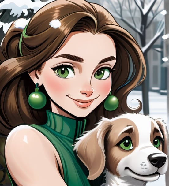  A pen and ink illustration by Nina Petrovna Valetova, depicting a woman in a green dress gracefully carrying a dog in the snowy outdoors. The woman, with her brown hair tied in a ponytail, gazes at the viewer with a genuine smile, creating a connection. The illustration captures a candid shot, showcasing the woman's elegance and the dog's playfulness. The monochromatic color palette adds a touch of sophistication and simplicity. Winter Colors, Dramatic Lighting 