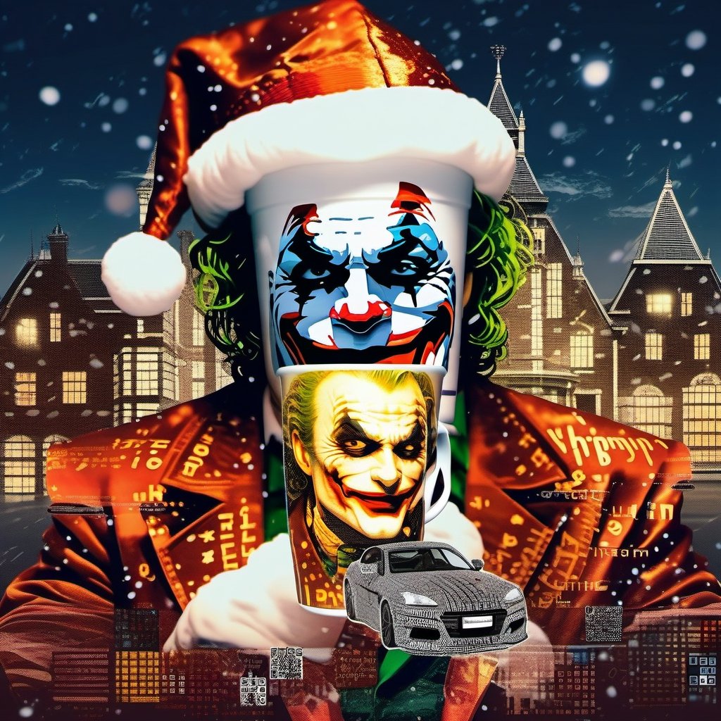 double exposure , Joker dc comics, Arkam Asylum at night reflection on a brand new sports car, QR code, barcode patchwork, double exposure DC Joker+Arkham, night_sky, cup of hot choclate with x-mas motive ,Cellular Automata,Recaptcha
