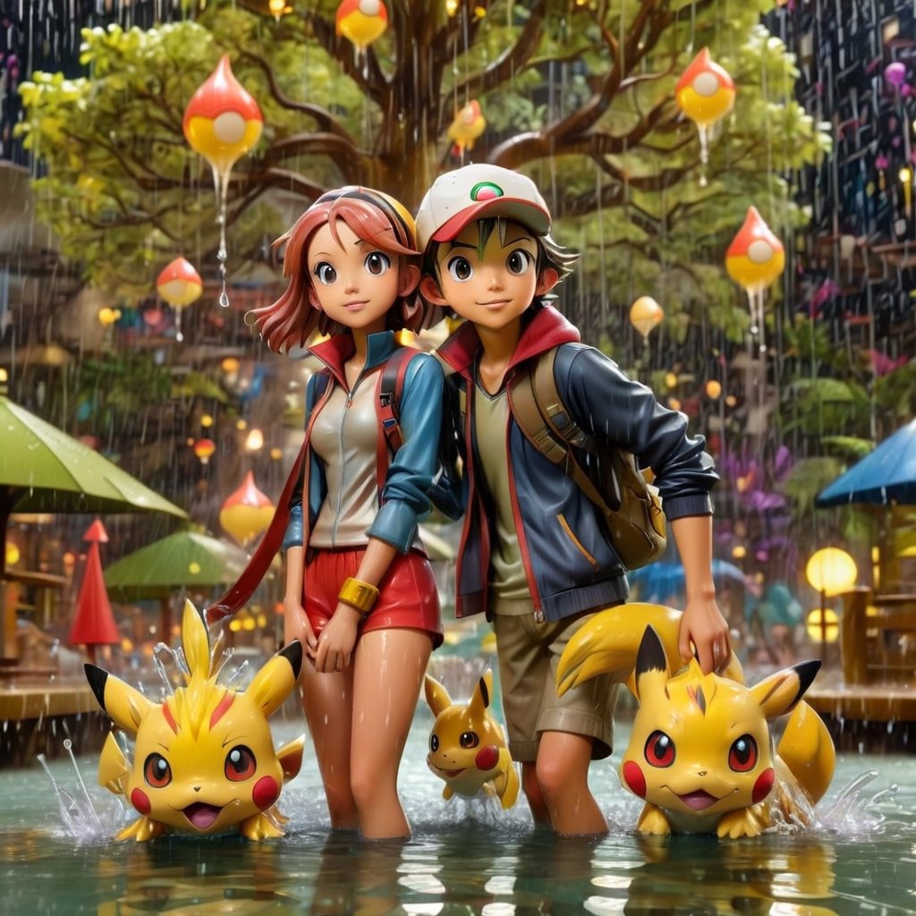 In a world of pure imagination , where time heals all hypes and wonders, Pokémon trainer and her loyal aquatic companion in a lively nighttime water park under heavy rain,eye_glow, digital_media(art), art_hoe, drmartensToday you are a man, tomorrow a woman, then you are a tree 