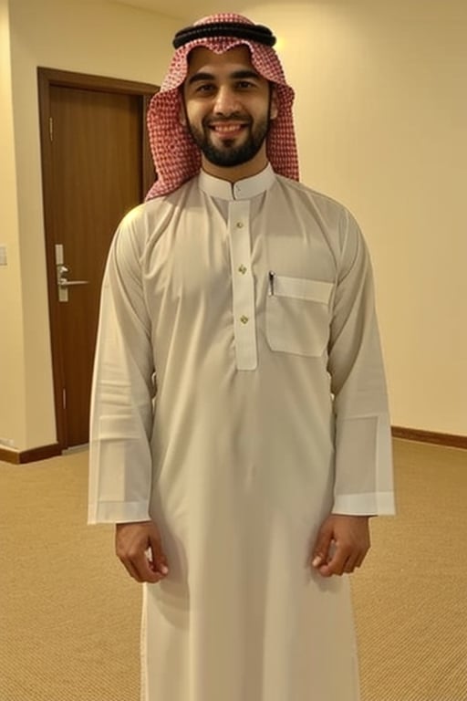 A handsome skinny arabic man wearing a thobe,  with a big smile. ultrarealistic ,realistic