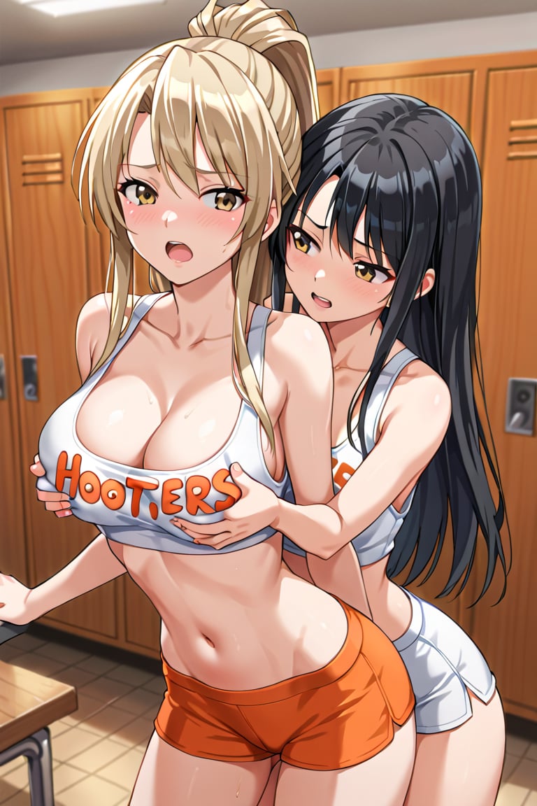 score_9,score_8_up,score_7_up,source_anime,
2 girls,yuri,large breasts,black hair,brown eyes,long hair,hooters uniform,slim body,
(breasts grabbed by another),((hand on another's breasts)),breasts,blush,cleavage,collarbone,navel,no bra,locker room,mamiya maiko,