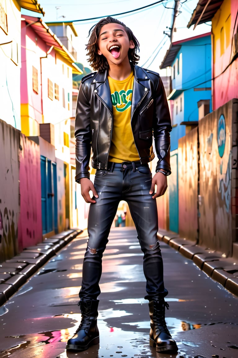 Confident 16-year-old Brazilian boy poses in Rio de Janeiro Favela, warm sunlight illuminating his joyful face with a comical expression: wide-open mouth, pink tongue sloping to the side. Sleek leather jacket and undercut spikes frame wet hair. He sports black leather jeans and boots, energetic vibe popping against vibrant Favela backdrop. Fit, slim physique showcases defined muscles in action.,t0j1