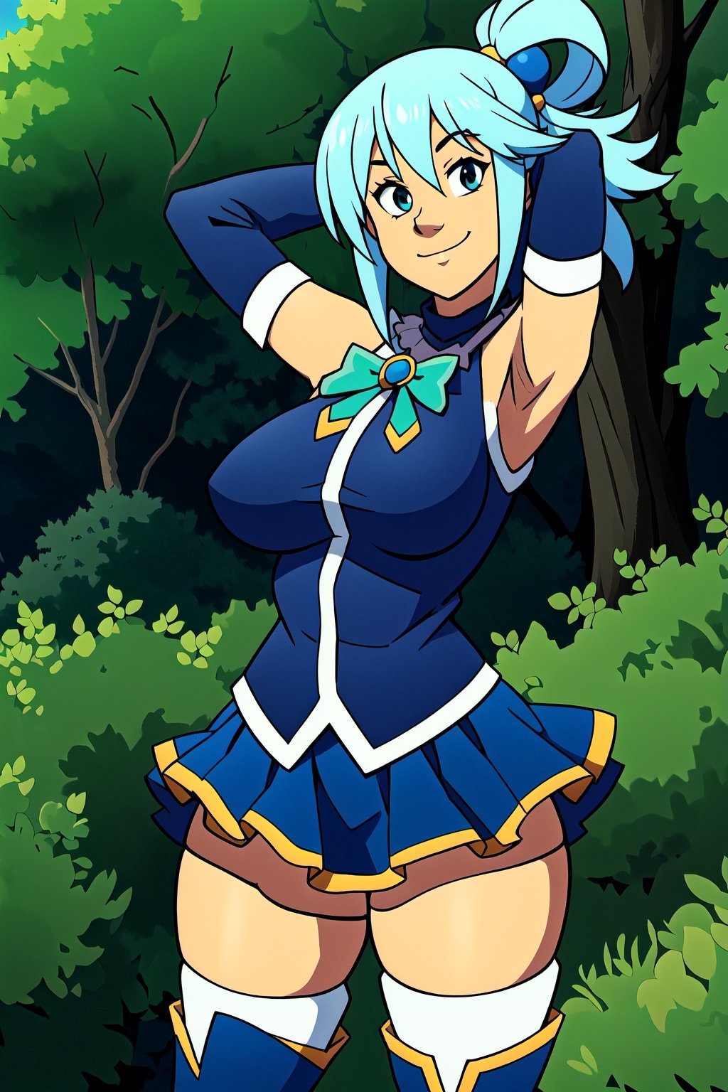 AquaKnsb-KJ, skirt, thighhighs, blue shirt, detached sleeves, thigh boots, bow, forest background, 1girl, looking at viewer, cowboy shot, huge breasts, smile, arms behind head