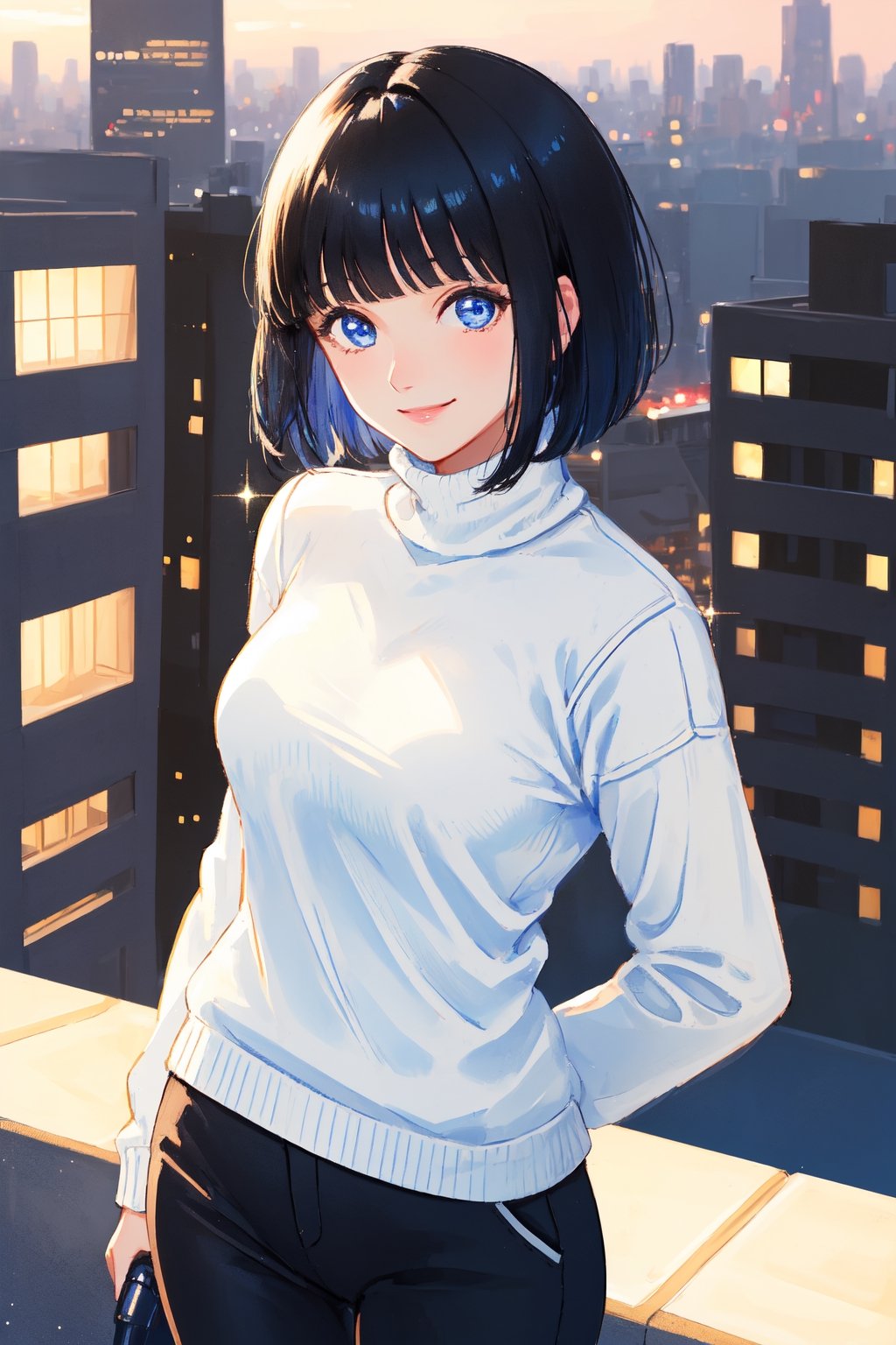 1girl, mature female, sweater, turtleneck, black pants, blunt bangs, smile, short hair, black hair, city background, arms behind back, cowboy shot, from above, blue eyes, sparkling eyes, light particles