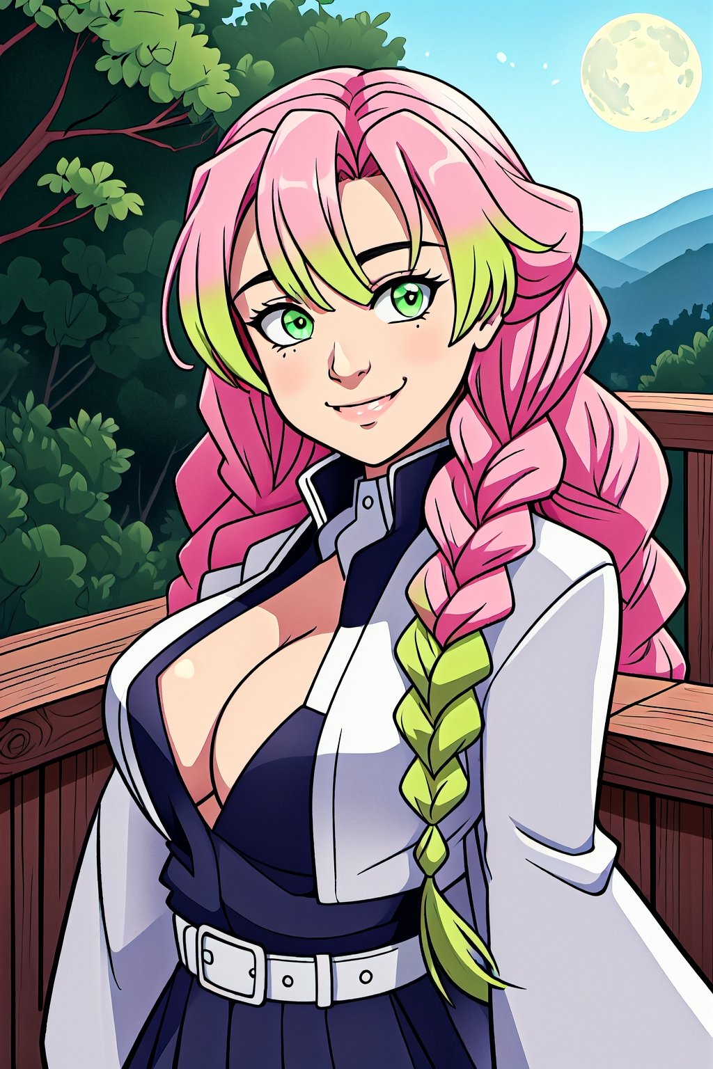 mitsuri(demon slayer), large breasts, upper body, haori, bangs, 1girl, green hair, demon slayer uniform, gradient hair, solo, jacket, multicolored hair, breasts, smile, green eyes, twin braids, pink hair, japanese clothes, long hair, portrait, looking at viewer, moonlight scenery