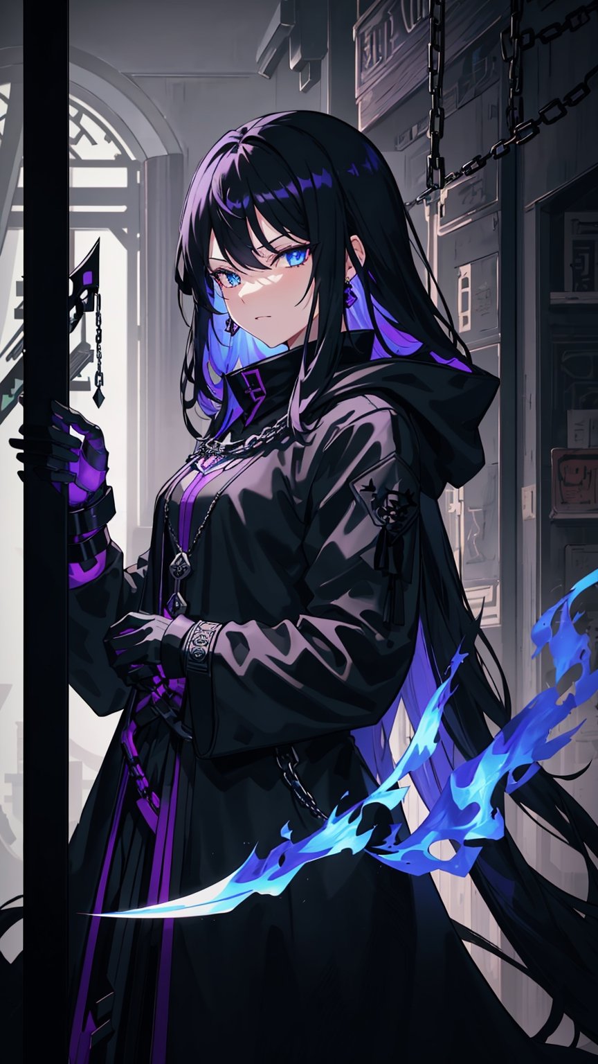 ,//Quality,
Masterpiece, Best Quality, Detailed, (Depth Of Field:1.2), Depth_Of_Field, Light Particles
,//Character,
1girl, Solo, Pissed Off Facial, Light Smirk, Black Long Hair, ((Black Hair Colour)), From Side, Black_Black_Purple Hair, Shiny Hair, Blue Eyes, ((Blue  Eye)), blue Eye Colour, Bangs, Medium Chest
,//Fashion,
Blue Spade Earring, Black jacket, Purple_Purple_Black Jacket, Black Hoodie, Purple_Purple_Black Witch Robe, Black_Black_Dark Chains, (Black_Black_Dark Chains)), Draped In A Jacket Crafted Entirely From A Myriad Of Black_Black_Dark Chains, Black Chains
,//Background,
Watching Out Of Window To Mecha City
,//Others,
Holding Blue_White Fire Magic, Black_Black_Dark Chains, Forest Filled With Black_Black_Dark Chains, Void volumes, Modern,shinobitech,Holdingsword,((scythe))