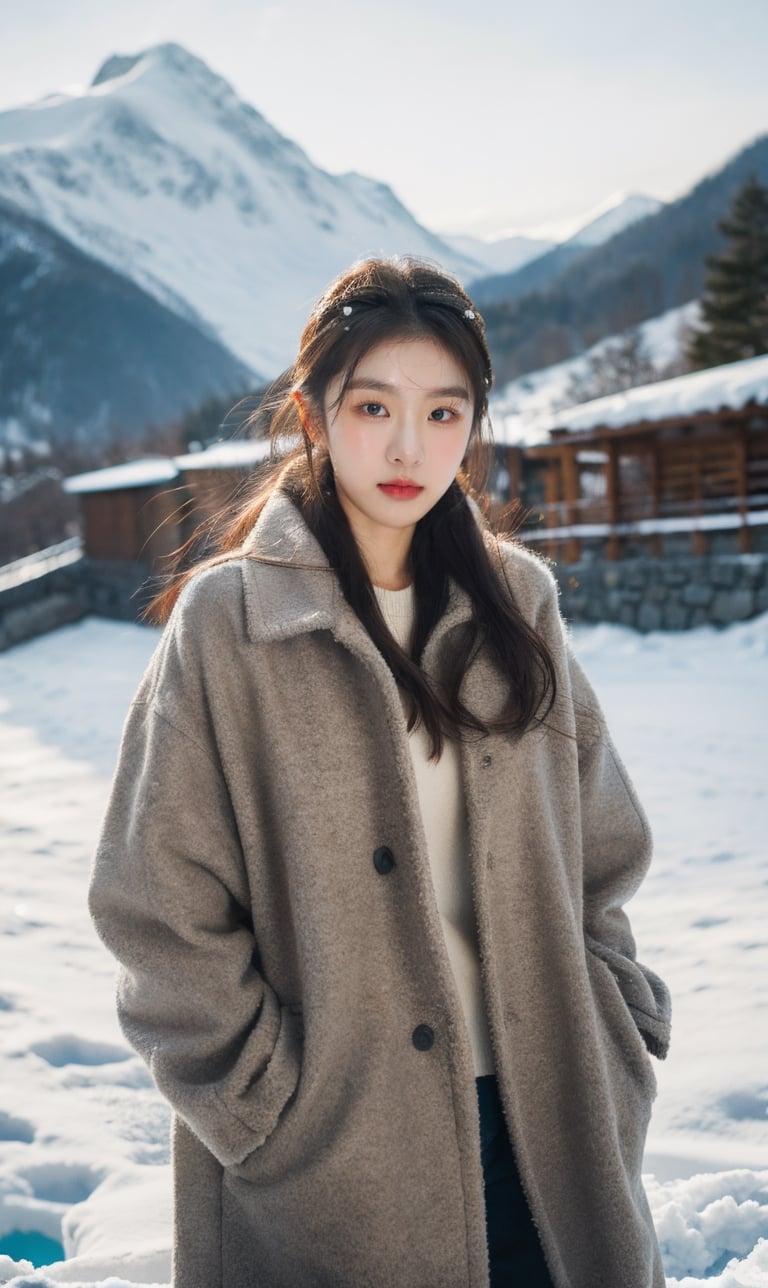 cute girl, winter jacket fashion, RAW photo, realistic, masterpiece, best quality, beautiful skin,
snowy mountains background, 50mm, medium full shot, ,goyoonjung, outdoor, photography