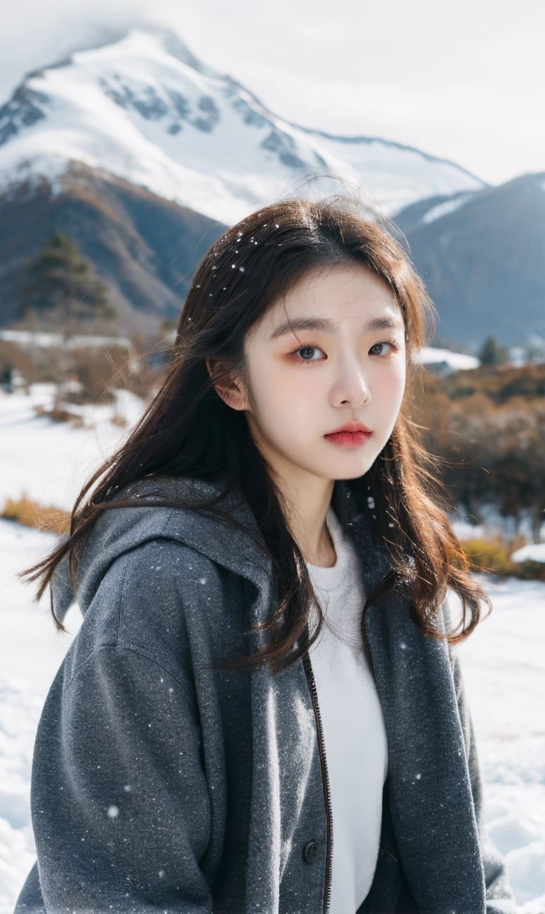 cute girl, winter jacket fashion, RAW photo, realistic, masterpiece, best quality, beautiful skin,
snowy mountains background, 50mm, medium full shot, ,goyoonjung, outdoor, photography, Portrait