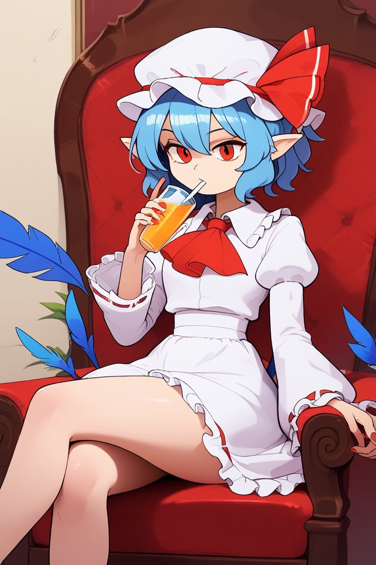 score_9, score_8_up, score_7_up,score_6_up, ,long sleeves,remilia scarlet,ribbon,pointy ears,blue hair,touhou,,feathers,mob cap,white dress,hat, , ,solo,  ,ascot,short hair,
sitting on chair,crossed_legs,drinking,,