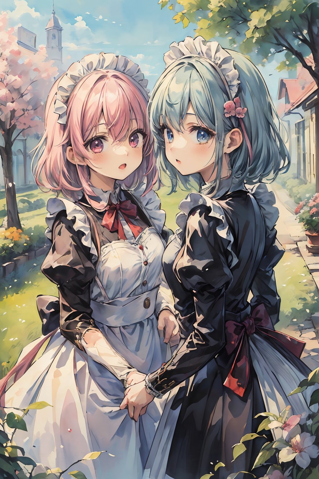 ((masterpiece)), ((high resolution)), ((best quality)), (ultra-detailed), anime, ((kawaii)), cute, (lovely), ((extremely detailed)), 4K, (8K), best quality, dynamic angle, (beautiful), 2girls, classic maid, outdoors,watercolor,