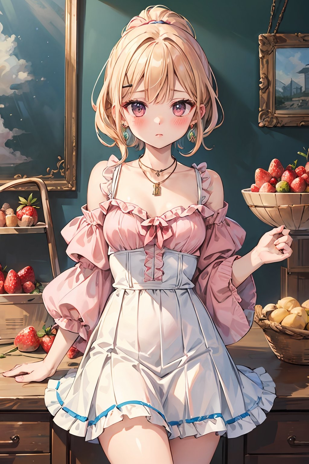 (masterpiece, best quality), 1woman, solo, 24yo, tall, cute, ((expressionless)), ((blush:1.1)), lip:0.4, lip stick:0.4, small breasts, A feminine ensemble with a frilled top, high-waisted skirt, and pastel-colored flats., drop earrings, chain necklace, Twist Ponytail, Strawberry blonde, snap clip, photo collection, (beautiful illustration:1.3), cowboy shot,