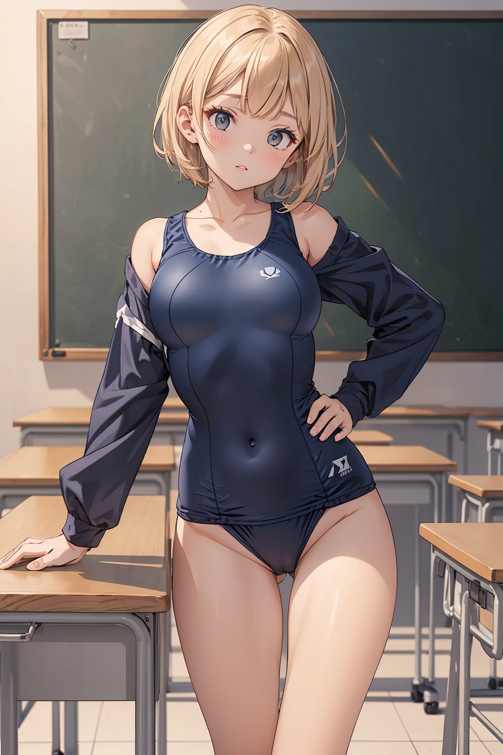 ((navy blue school swimsuit)), short hair, medium breasts,on the desks lined up in the classroom, standing, ((resting her crotch on the edge of a corner of the desk)), Masturbating on the edge of a desk corner,