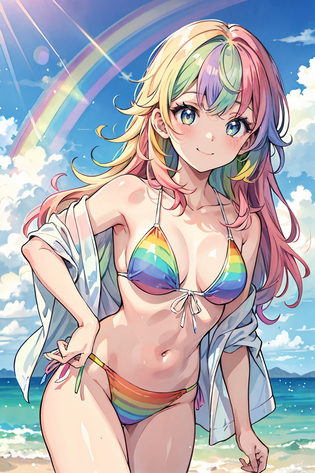 Top quality, masterpiece, pastel colored background, watercolor style, woman, rainbow colored hair, rainbow colored eyes, rainbow colored bikini, rainbow robe, rainbow colored leotard, rainbow colored clouds, sparkling sea, with a smile look up at the sky,Double Exposure