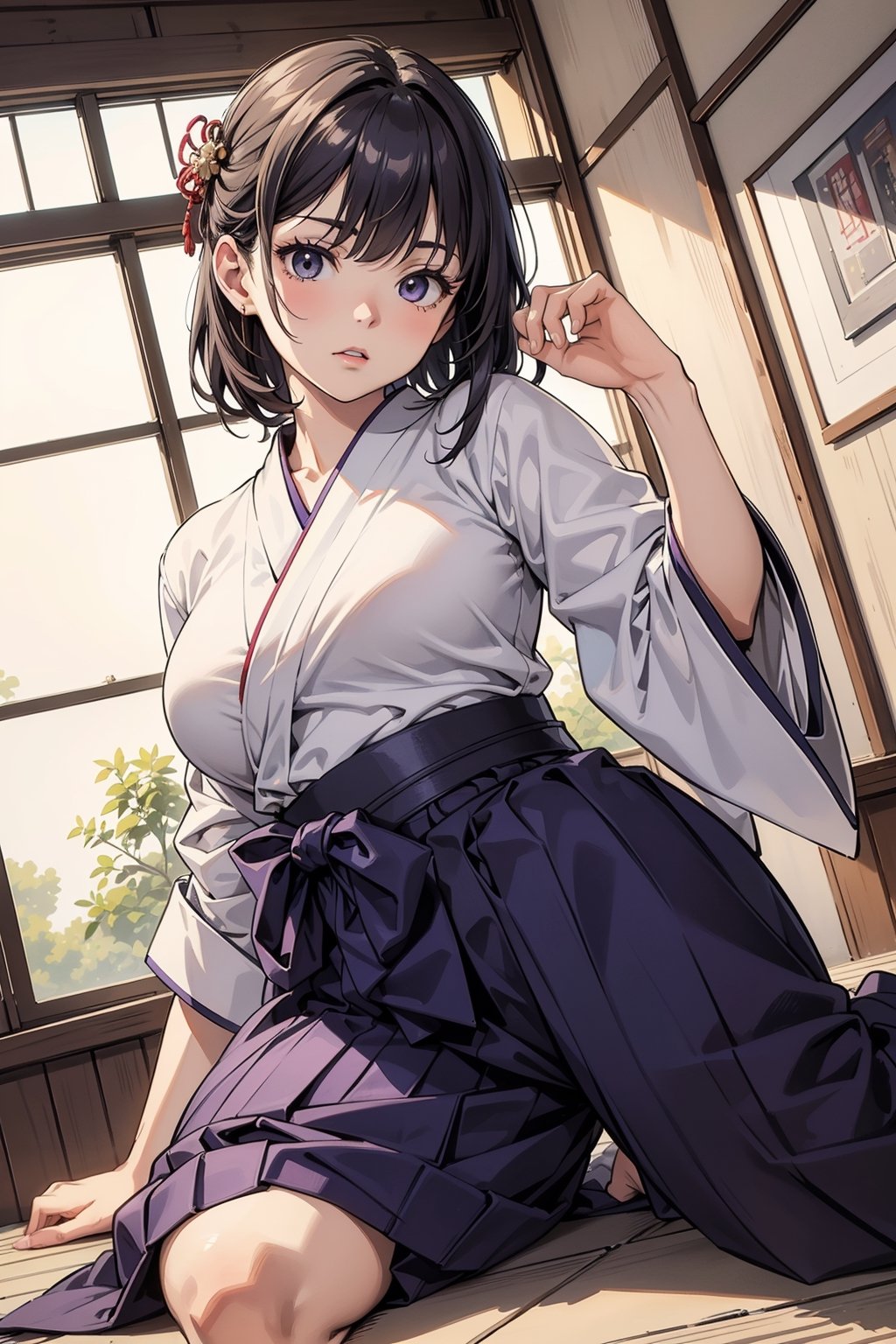 ultra detailed, masterpiece, best quality, ultra detailed, insanely detailed, anime, 32k uhd, high-definition,1girl, Japanese hakama uniform, flamboyant white  kimono on top, purple hakama on the bottom,dutch angle,pose,action,