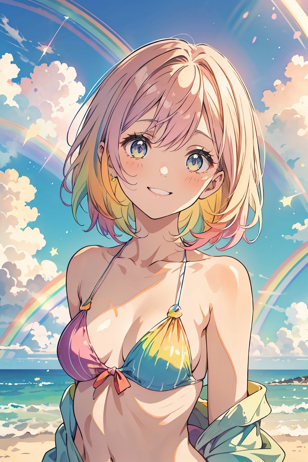 Top quality, masterpiece, pastel colored background, watercolor style, woman, rainbow colored hair, rainbow colored eyes, rainbow colored bikini, rainbow robe, rainbow colored leotard, rainbow colored clouds, sparkling sea, with a smile look up at the sky,Double Exposure