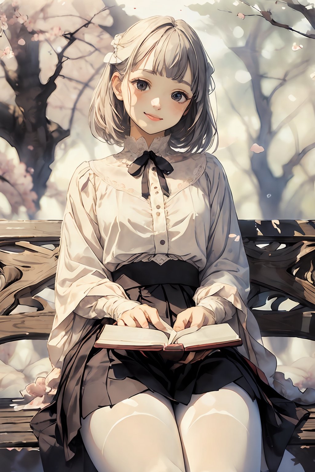 
masterpiece, top quality, best quality, beautiful and aesthetic,(from front:1.5),looking at viewer,
watercolor,(soft focus:2.0),
BREAK,(daydream:1.2),best lighting,  bokeh,  lens flare, 
//Character
1girl,cute,kawaii,smile,japanese teenager,smiling,randomly hairstyle,
perfect anatomy, perfect hands, perfect fingers,

cherry blossoms,
park,

18yo, black eyes, thin eyebrows,medium breasts, hanging breasts, baby face, (blunt bangs:1.2), 
(crazy:1.2), (head tilt:1.1),( blank eyes:1.1), (forced smile:1.1), (rape face:1.1), wide-eyed,
sitting bench, (read a book, looking at book:1.2), (looking away:1.3),

BREAK white shirt, black skirt, black neck ribbon,
white lace panties, white pantyhose, panties under pantyhose,