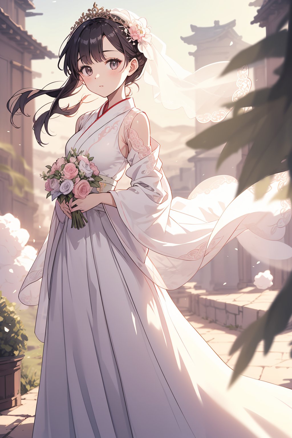 masterpiece, top quality, best quality, beautiful and aesthetic,
(from front:1.5),standing,
watercolor,(soft focus:2.0), looking at viewer,
BREAK,(daydream:1.2),best lighting,  bokeh,  lens flare, 
//Fashions 
Korean Hanbok-Inspired Wedding Dress
Drawing inspiration from the traditional Korean hanbok, this wedding dress combines classic elements with modern bridal aesthetics, The top is a fitted jeogori (jacket) in white silk, featuring delicate embroidery along the edges and sleeves, The skirt, or chima, is a voluminous, layered creation in soft pastel shades like blush pink or lavender, cascading in elegant folds, 
BREAK
The dress includes a long, flowing train that adds a regal touch, The look is completed with a traditional hairpiece adorned with pearls and floral accents, and the bride carries a small, embroidered clutch, This hanbok-inspired wedding dress is ideal for a bride who wants a blend of tradition and contemporary elegance,
BREAK