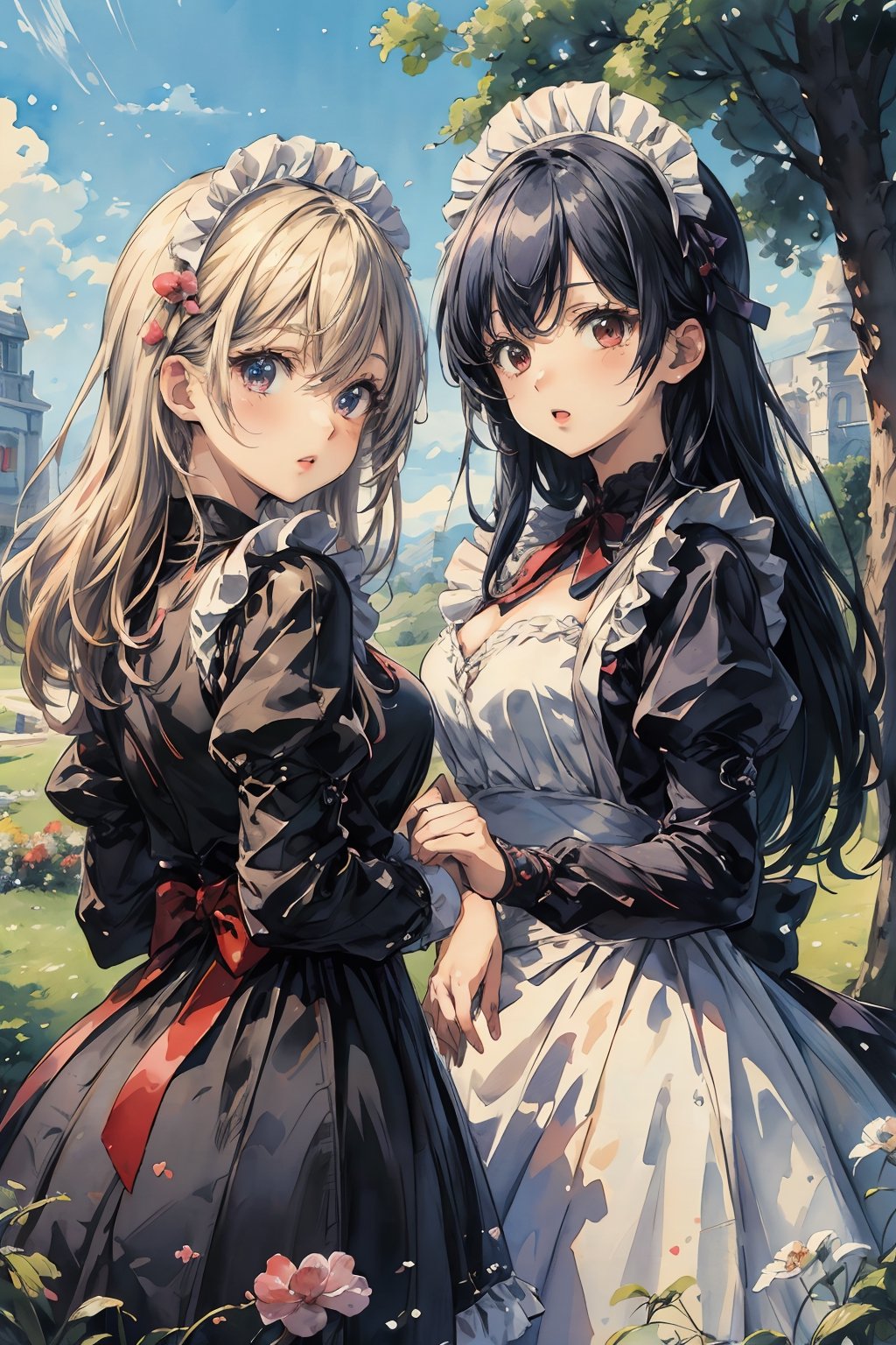 ((masterpiece)), ((high resolution)), ((best quality)), (ultra-detailed), anime, ((kawaii)), cute, (lovely), ((extremely detailed)), 4K, (8K), best quality, dynamic angle, (beautiful), 2girls, classic maid, outdoors,watercolor,