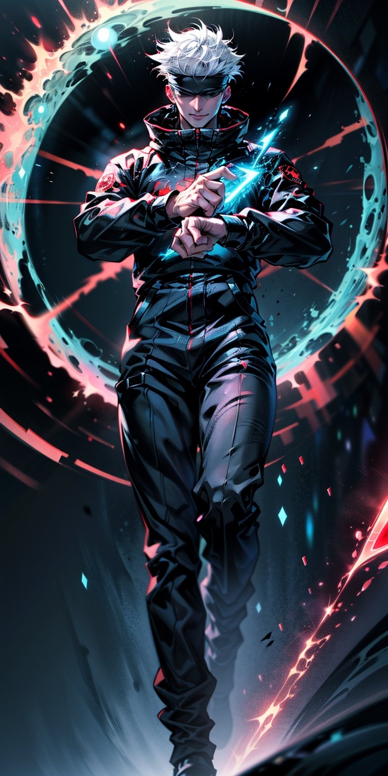 1boy, satoru gojo, blindfold, black outfit, white hair, battle pose (( red energy void in right hand,blue energy void in left hand)), smirk, red and blue moon background, wallpaper, cinematic,High resolution 8K, Bright light illumination, lens flare, sharpness, masterpiece, top-quality, The ultra -The high-definition, high resolution, extremely details CG, Anime style, Film Portrait Photography,masterpice,hyperdetail,Cursed energy,1 girl, body shot