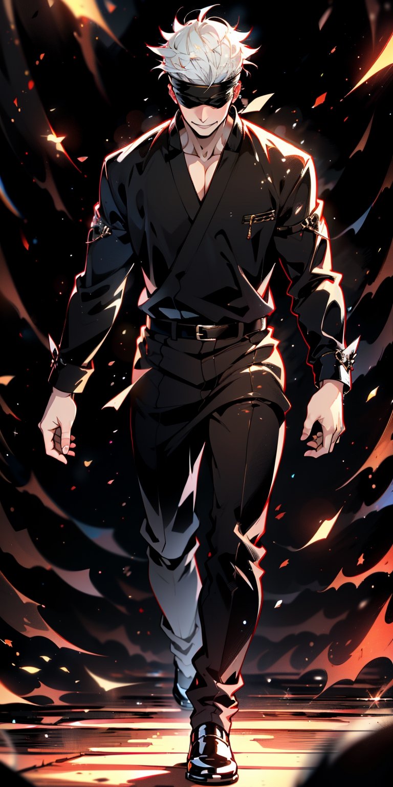 1boy, satoru gojo, blindfold, black outfit, white hair, battle_stance, full body, smirk, red and blue energy background, wallpaper, cinematic,Detailedface