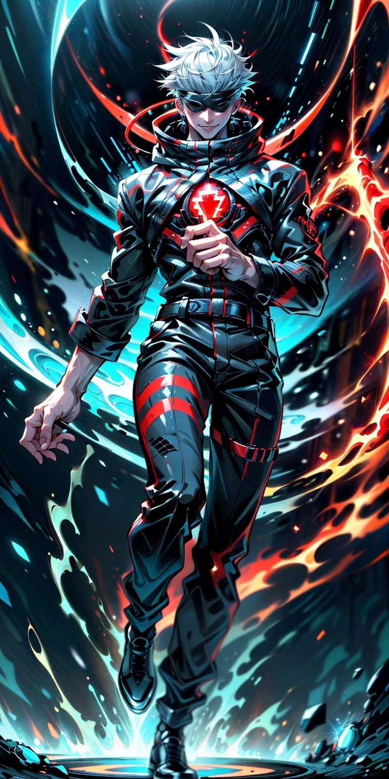 1boy, full body shot, perfect fingers, satoru gojo, blindfold, black outfit, white hair, use skill pose (( red energy void in right hand,blue energy void in left hand)), smirk, red and blue moon background, wallpaper, cinematic,High resolution 8K, Bright light illumination, lens flare, sharpness, masterpiece, top-quality, The ultra -The high-definition, high resolution, extremely details CG, Anime style, Film Portrait Photography,masterpice,hyperdetail