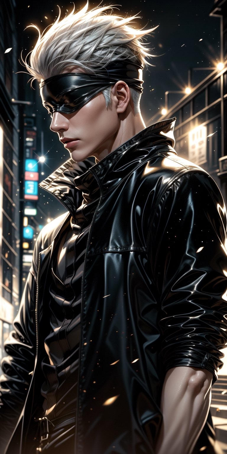 1boy,japanese, handsome, satoru gojo, blindfold, black outfit, white hair, battle pose, smirk, city night with full moon background, wallpaper, cinematic,High resolution 8K, Bright light illumination, lens flare, sharpness, masterpiece, top-quality, The ultra -The high-definition, high resolution, extremely details CG, Anime style, Film Portrait Photography,masterpice,hyperdetail,Cursed energy, body shot,Detailedface,photorealistic,Masterpiece,Extremely Realistic,