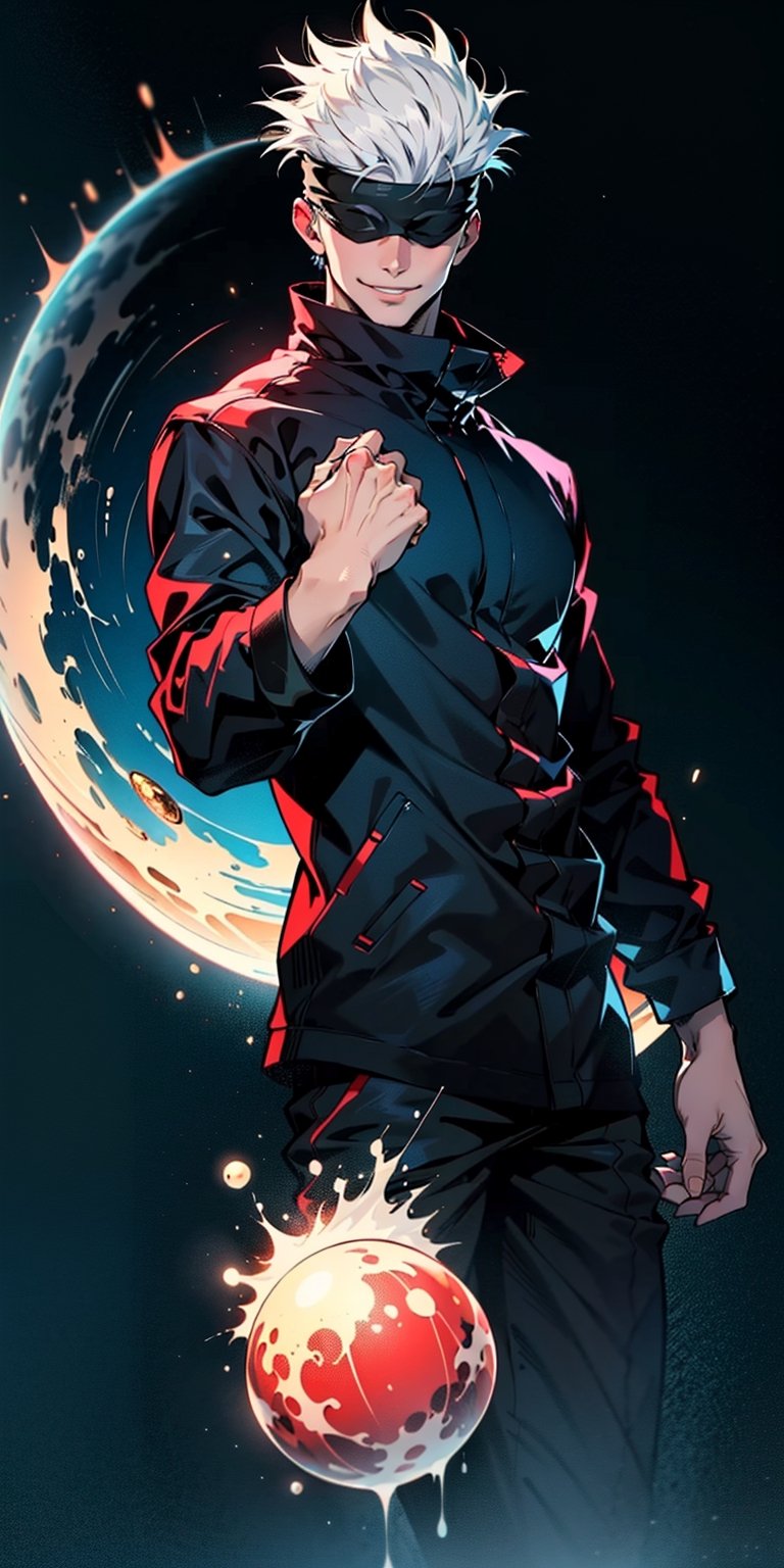 1boy, satoru gojo, blindfold, black outfit, white hair, standing, floating red energy sphere on right hand, floating blue energy sphere on left hand, smirk, dark background, wallpaper, cinematic