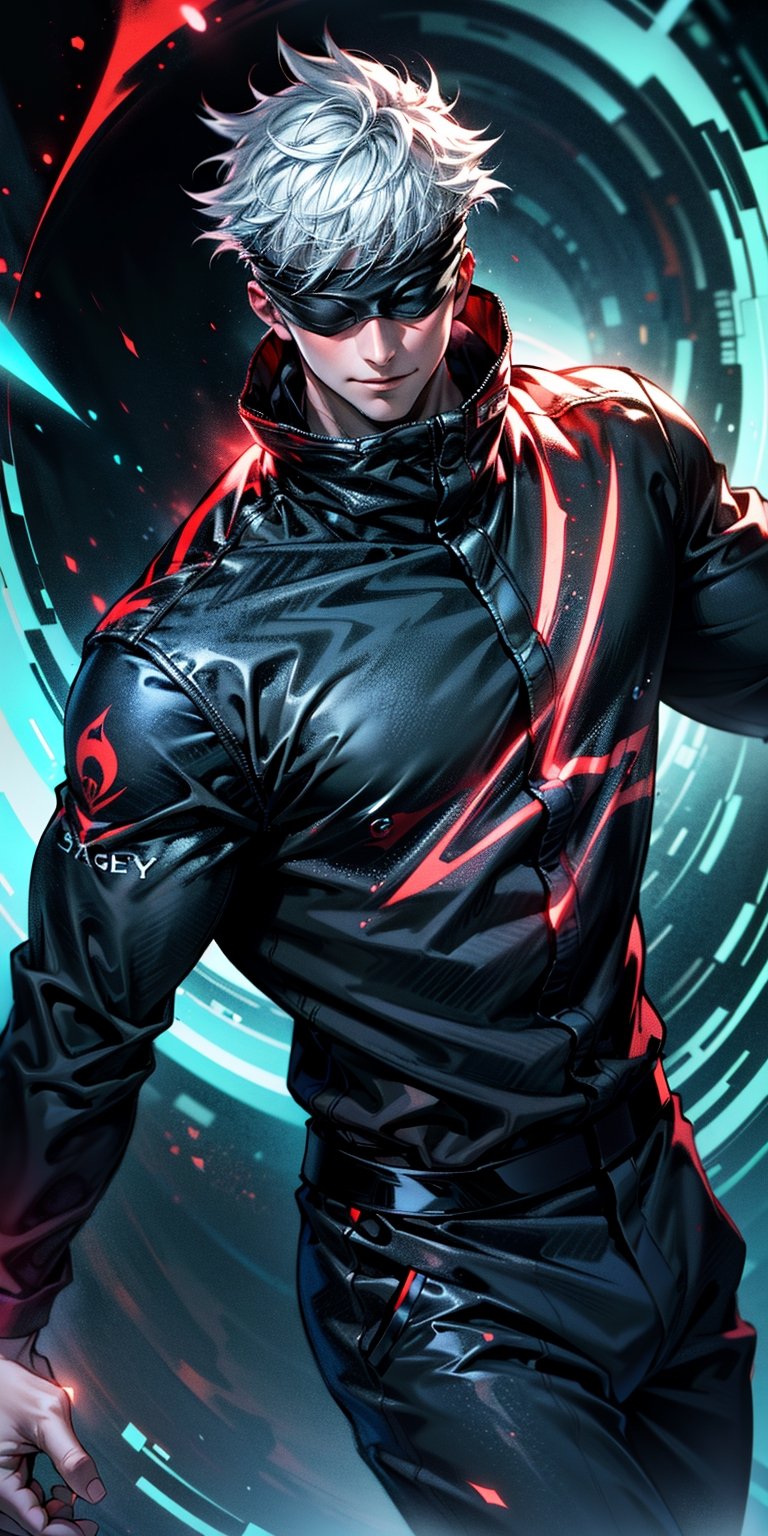 1boy, satoru gojo, blindfold, black outfit, white hair, battle pose (( red energy void in right hand,blue energy void in left hand)), smirk, red and blue moon background, wallpaper, cinematic,High resolution 8K, Bright light illumination, lens flare, sharpness, masterpiece, top-quality, The ultra -The high-definition, high resolution, extremely details CG, Anime style, Film Portrait Photography,masterpice,hyperdetail,Cursed energy,1 girl, body shot