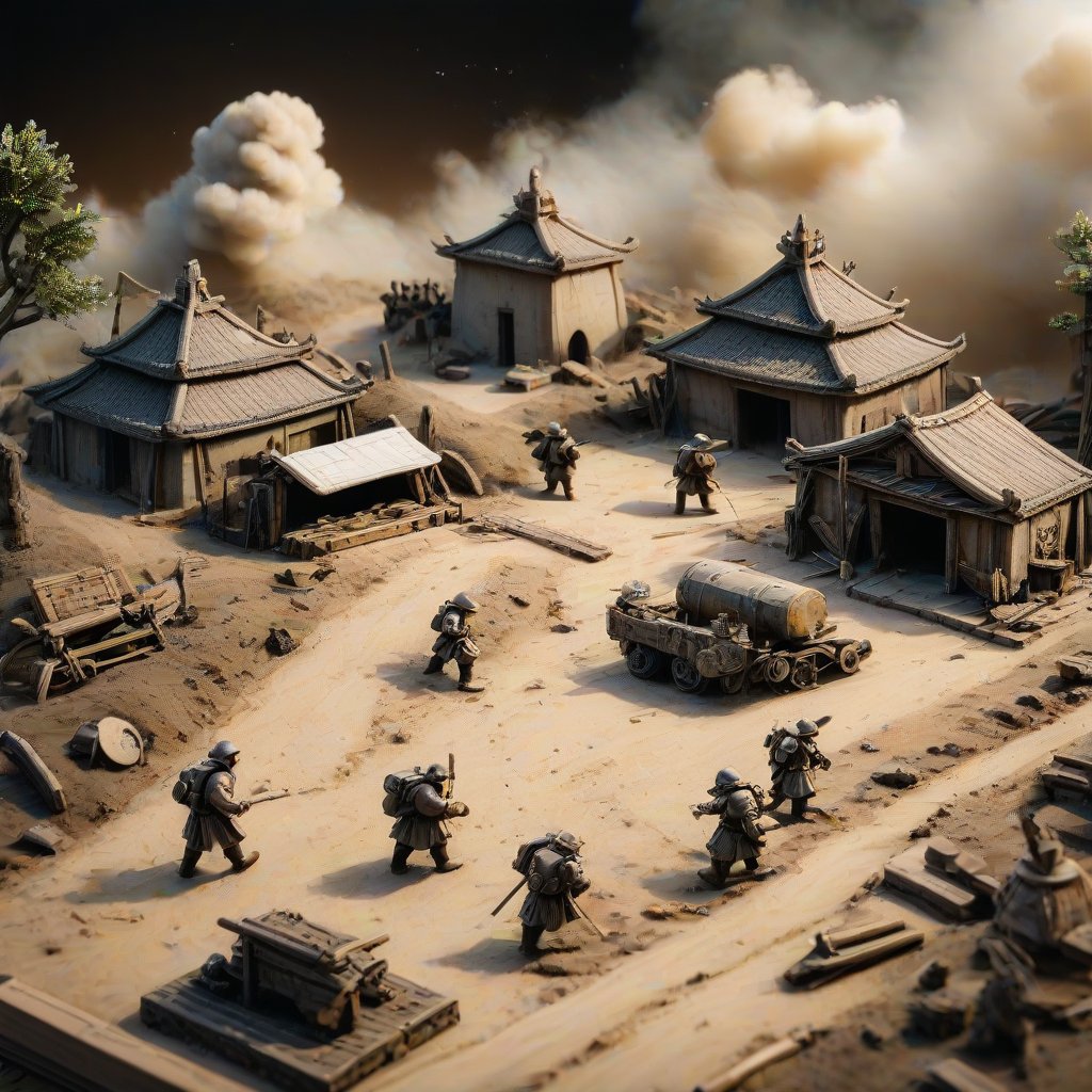 Miniature scene depicting Qi army retreat amidst failed assaults on a detailed battlefield, strategic withdrawal highlighted in shift lens photography, war-torn landscape, miniature soldiers in retreat, camp remnants, contrast of defeat and survival, low angle view, vintage parchment texture, faded sepia tones, sharp focus on retreating figures, hazy smoke background, ultra realistic, dramatic lighting