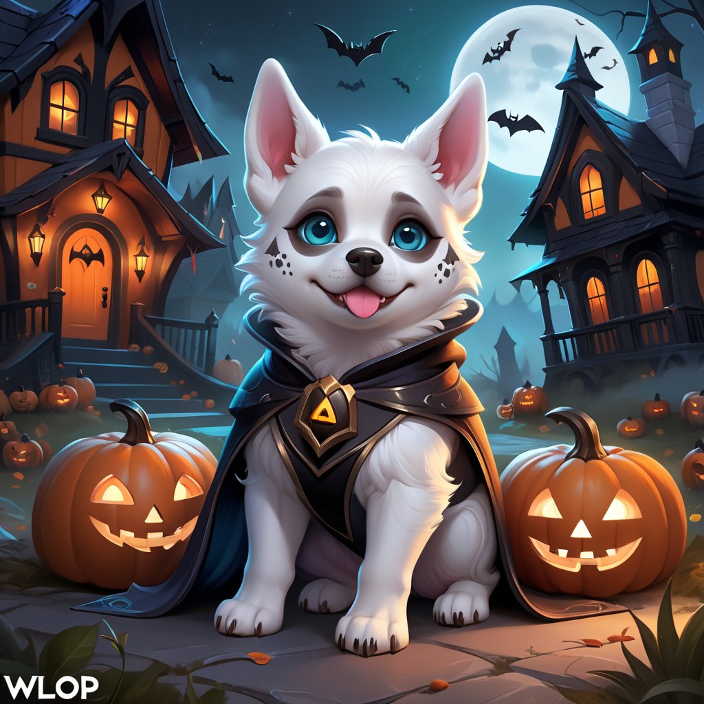 (cute dog wearing halloween costume),(HALLOWEEN MAKEUP), (haunted house background), (cute), a concept art icon for league of legends, a digital art logo, illustration, league of legends style icon, inspired by wlop style, 8k, dota 2 style icon, fine details, sharp, very detailed icon, high resolution rpg ability/spell/item icon, natural beauty