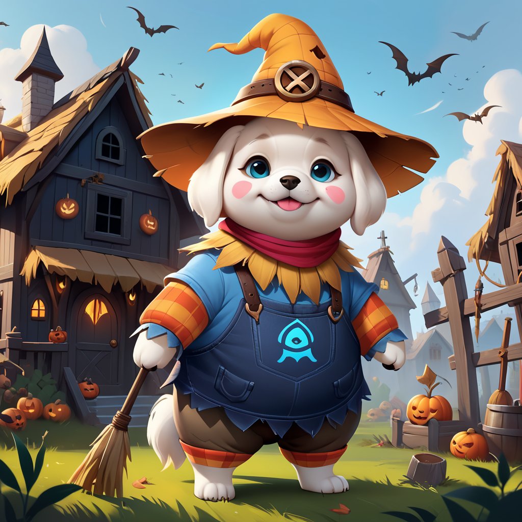 (cute dog wearing SCARECROW costume), (haunted house background), (chubby), a concept art icon for league of legends, a digital art logo, illustration, league of legends style icon, inspired by wlop style, 8k, dota 2 style icon, fine details, sharp, very detailed icon, high resolution rpg ability/spell/item icon, natural beauty