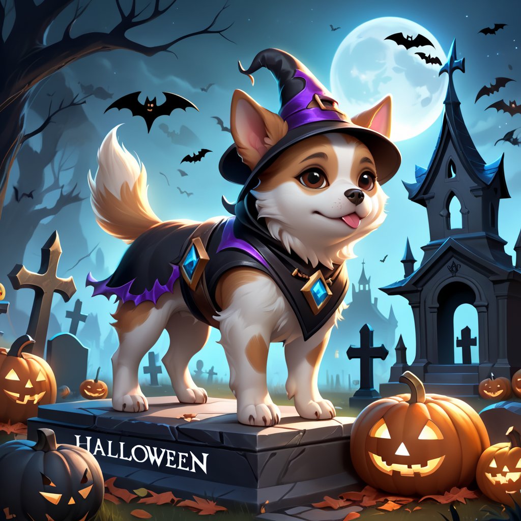 (cute dog wearing halloween costume),tombstone, grave, (haunted house background), (cute), a concept art icon for league of legends, a digital art logo, illustration, league of legends style icon, inspired by wlop style, 8k, dota 2 style icon, fine details, sharp, very detailed icon, high resolution rpg ability/spell/item icon, natural beauty