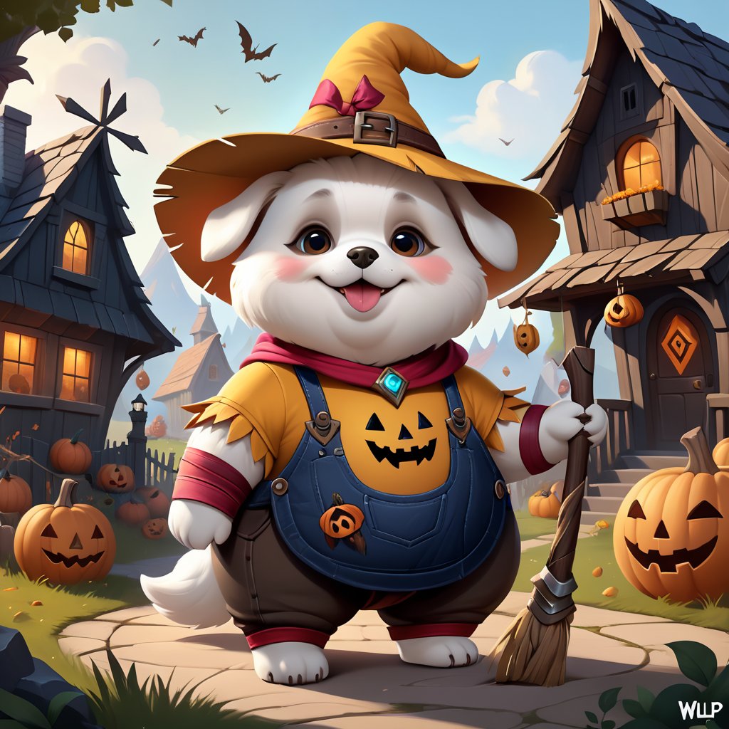 (cute dog wearing SCARECROW costume), (haunted house background), (chubby), a concept art icon for league of legends, a digital art logo, illustration, league of legends style icon, inspired by wlop style, 8k, dota 2 style icon, fine details, sharp, very detailed icon, high resolution rpg ability/spell/item icon, natural beauty