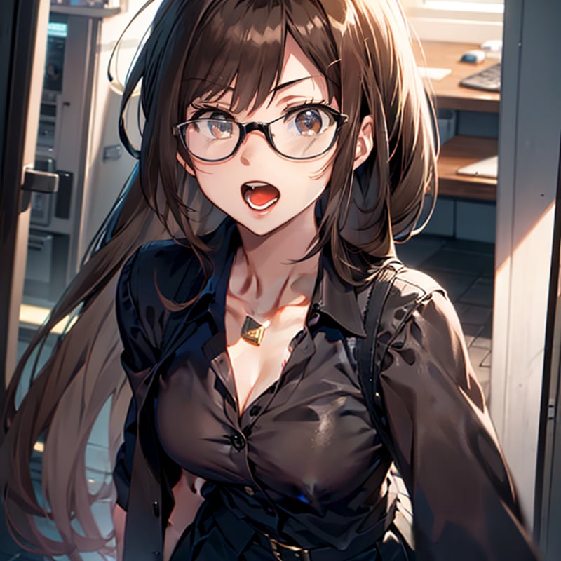 Appearance: Early 40s female, long brown hair in a ponytail, intelligent brown eyes. Thin black-framed glasses. Navy blazer and skirt. Serious expression, working on an open laptop, serious look, walking, looking to the left, wide shot, dutch angle shot, close mouth