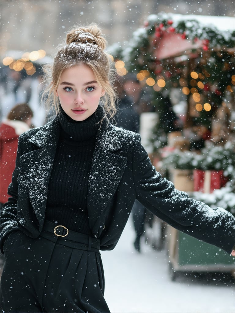 A stunning, best quality, extremely detailed photo capturing a 21-year-old girl in a front view, with golden hair styled in a bun, walking through Moscow on a winter morning. She wears a stylish, expensive black coat with a raised dark red collar, a black sweater, and stylish black trousers, all made of thick, expensive fabric. Her cheeks are blushed from the frost, and she has white eyelashes and eyebrows, blue eyes, and pale skin. Snowflakes fall around her, and her slightly curly hair flutters in the wind. The scene is set at a Christmas fair with decorations, creating a magical, mysterious atmosphere. The photo is highly detailed, capturing the cold, snowy environment and the girl's feminine features, perfect for a fashion magazine in Vanity Fair style.