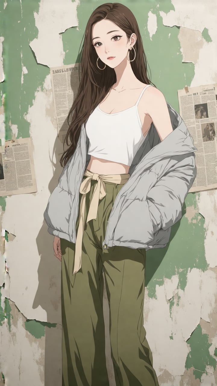 The image is a Anime, minimal, Marbling art of a anime young Korean woman posing against a distressed, pastel-green background with peeling paint and torn newspaper clippings affixed to it. The woman, with long, wavy brown hair cascading over her shoulders, has an elegant, poised demeanor. She is wearing a white sleeveless top that is slightly cropped, showcasing her slender arms. Over the top, she drapes a large, light grey, puffy jacket that is unbuttoned, giving a casual yet stylish look. Her outfit is completed with high-waisted, wide-leg pants in a muted olive green color, cinched at the waist with a beige belt that ties into a bow, adding a touch of sophistication. She accessorizes with large hoop earrings and a subtle makeup look that enhances her natural features. The overall aesthetic of the photograph is modern and chic, with a touch of bohemian flair. The background's weathered texture contrasts with the polished and put-together appearance of the subject, creating an intriguing visual juxtaposition. The image is likely styled for a fashion editorial, emphasizing contemporary, street-style fashion with a hint of urban edge.