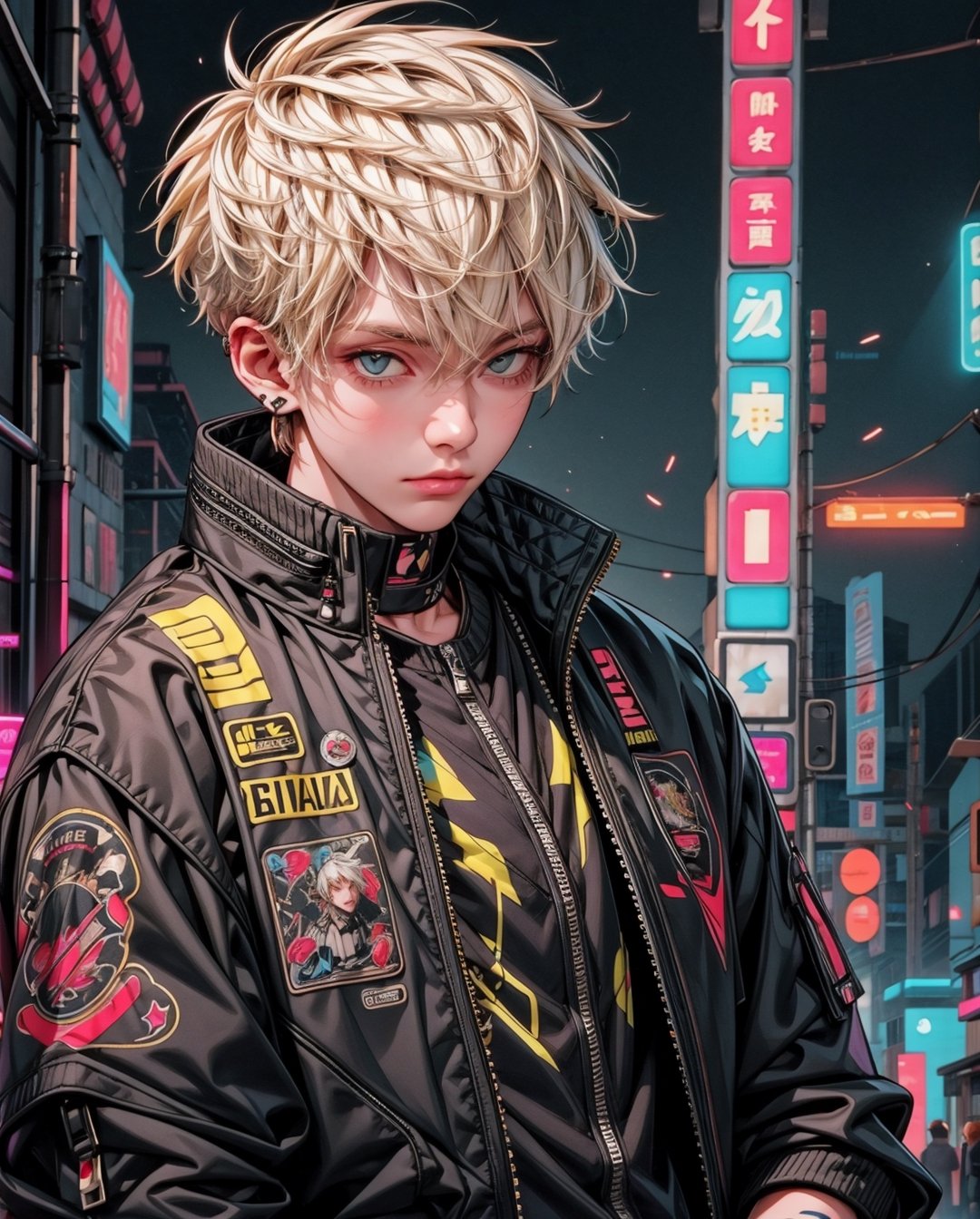 boy,  white yellow hair,  cool black open short jacket by emoticon on Tensor.Art
