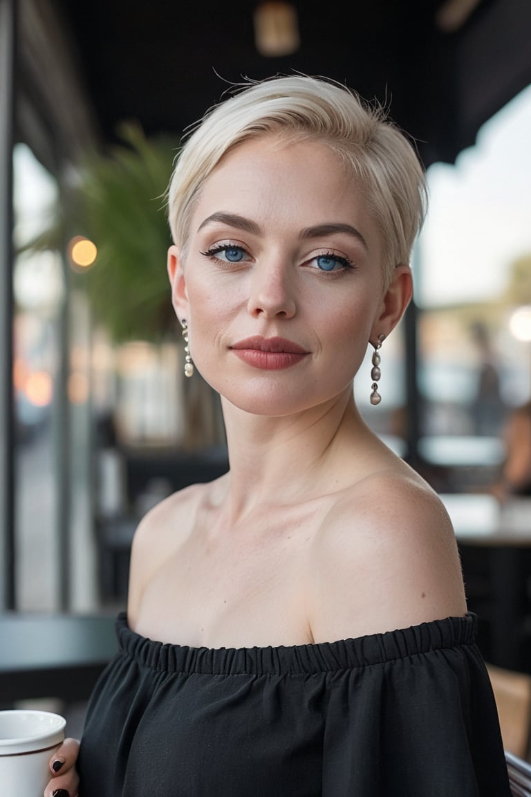 Caitlin, 35 year old, platinum blonde, short hair, half shaved head, (undercut), blue eyes, pale skin, thin lips, small pearl earrings, black off shoulder casual top, outdoor cafe
