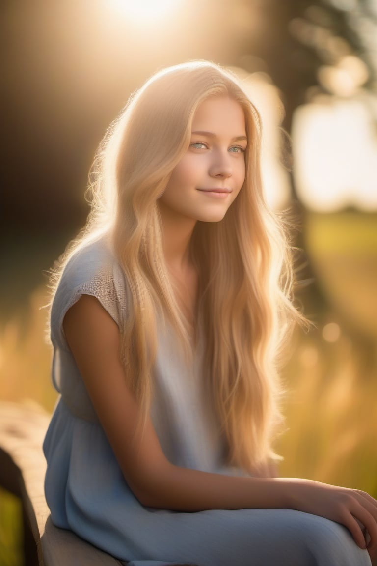 A serene young girl,  25 years old,  sits on a rustic wooden bench in a sun-drenched meadow by user_671649180749657696 on...