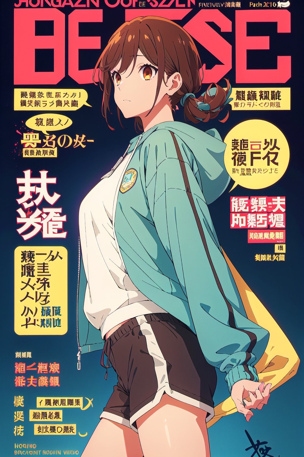 1girl,horimiya_hori, brown eyes,
vintage long hairstyle,magazine cover,oversized windbreaker jacket, body leaning back,modeling pose,mini dolphin shorts, front view