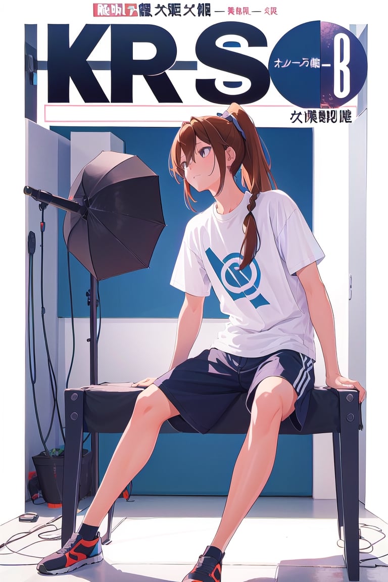 1girl,hori kyouko,ponytail,full_body, sport t-shirt, sport short, 
looking_at_camera, serious, modeling pose, modeling,photostudio, ,magazine cover